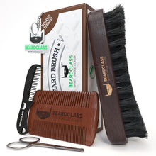Beard Brush and Wooden Comb Kit - Bonus Mustache Comb and Nose Scissors