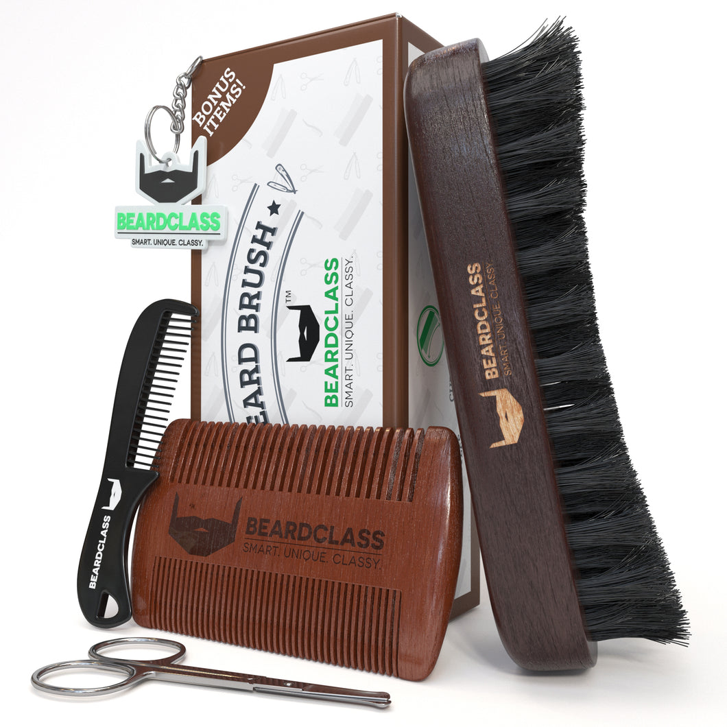 Beard Brush and Wooden Comb Kit - Bonus Mustache Comb and Nose Scissors
