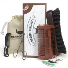 Beard Brush and Wooden Comb Kit - Bonus Mustache Comb and Nose Scissors